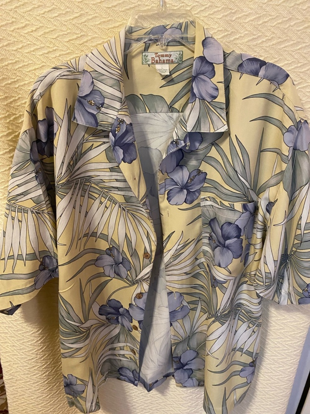 Tommy Bahama Pale Yellow Hawaiian Shirt with Lavender Floral Print